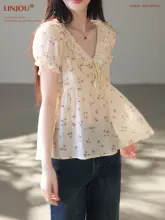 夏用 短袖フラワープリント シフォンブラウス【軽やかで高級感のあるデザイン】