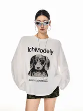 ウィメンズ ロングスリーブTシャツ【アメリカンレトロ・ダックスフントデザイン・クルーネック・カジュアル】