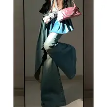 デザイン性のあるフレアデニムパンツ【春用・ウエストリボン・レディース】