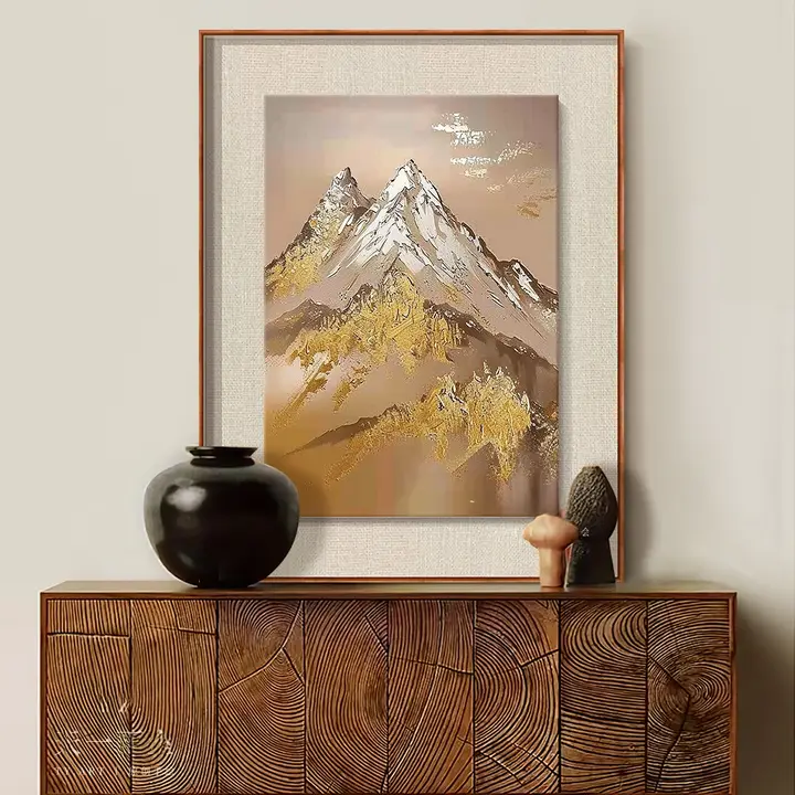 金箔仕上げの手描きオイルペインティング 新中式玄関装飾画【軽奢スタイル・リビング用】