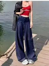 深い青のテンセル製ストレートデニムパンツ【高腰・薄手・フレア・ロング丈】