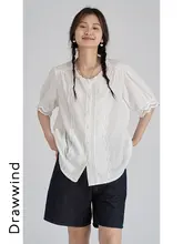 drawwind 無地 コットンシャツ レディース【夏用・ラウンドネック・レース装飾】