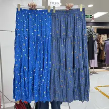 女性用ブルー花柄ハイウエストスカート