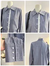 レースアクセントの青いチェック柄長袖シャツ【フレンチスタイル・女性用】