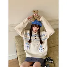 ニット セーター レディース フェアアイル柄 雪だるま 犬 白 甘め お正月 冬「BibiBency」