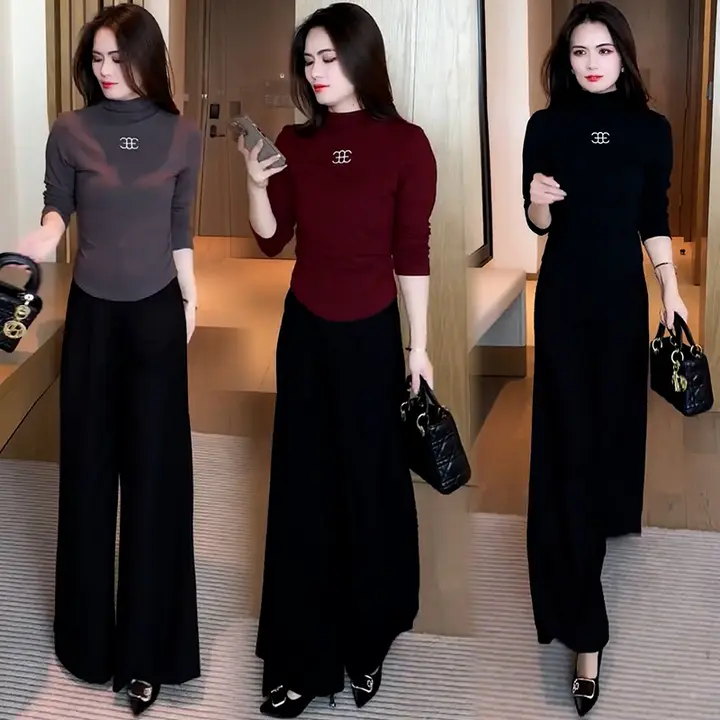 おしゃれなハイネックTシャツ【長袖・細身デザイン】【ワイドパンツ付き】（セットアップ対応）