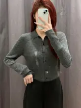 ポロ襟リブ編みニットカーディガン【長袖・無地・女性用】