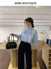 ライトブルー シャツ バタフライカラー デザイン コットン シンプル 通勤