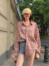 韓国風レトロデザインのピンクチェックシャツ【ゆったりフィット・長袖・日焼け防止】
