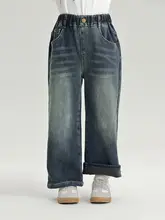 冬用 女の子用カジュアル加綿デニムパンツ【ストレートシルエット・柔らかな着心地】