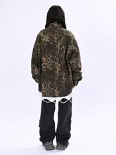 OV 春季用 ヴィンテージ風レオパード柄 ウォッシュドデニムジャケット【ユニセックス・ルーズフィット・カジュアル】