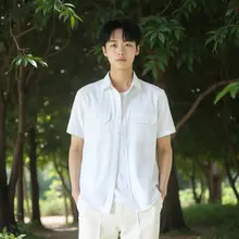 メンズ夏用工装シャツ【半袖・ゆったりフィット・薄手・純綿・2ポケット】