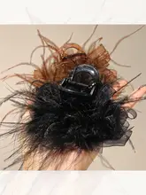 エレガントなカフェ色の網目ファブリックと羽根のヘアクリップ【後頭部用・半分まとめ髪対応】