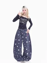 星柄プリント レディース長袖Tシャツ【スリムフィット・斜めネック・オフショルダー】