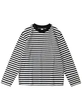 黒白ストライプのアメリカンスタイル・クルーネック長袖Tシャツ【極上の柔らかさ・ユニセックス・フィット】