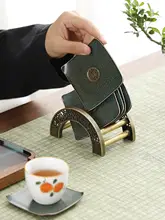 中式緑釉陶器製コースター【四角形・保温・茶器用・収納可能】（セットアップ対応）