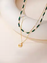 ネックレス レディース 天然マラカイト 淡水パール 二連 チョーカー 上品 ペンダント アクセサリー