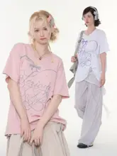 夏用Vネック字母プリントTシャツ【ピンク・ゆったりシルエット・短袖】