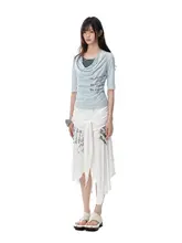ストライプ柄のハーフスリーブTシャツ【夏用・ドレープネック・フィット感】（セットアップ対応）