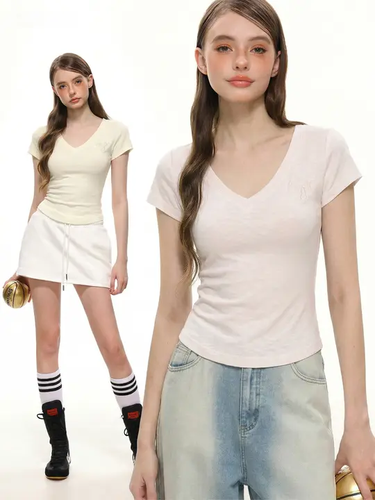 Vネック短袖Tシャツ【女性用・無地・ウエスト絞り・夏用】
