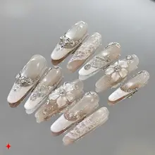 透過性のある彫刻レースデザイン フレンチネイル【高品質・手作り・着用タイプ】