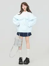 青いリボンデザインのフリル付きパーカー【春用・カラーブロック・女性用】（セットアップ対応）