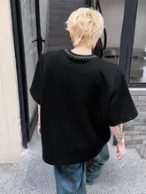 メンズ ストリートスタイル 半袖Tシャツ【ビーズ装飾・ルーズフィット・個性的なデザイン】