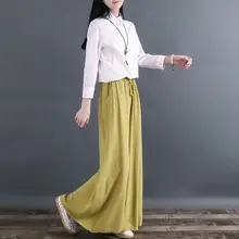 フィット コットンリネン ワイドレッグパンツ【春秋用・大きいサイズ・無地・抽绳付き】