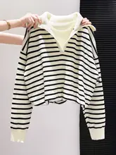 ストライプ長袖ニットセーター【秋冬用・保温性・重ね着風デザイン】（セットアップ対応）