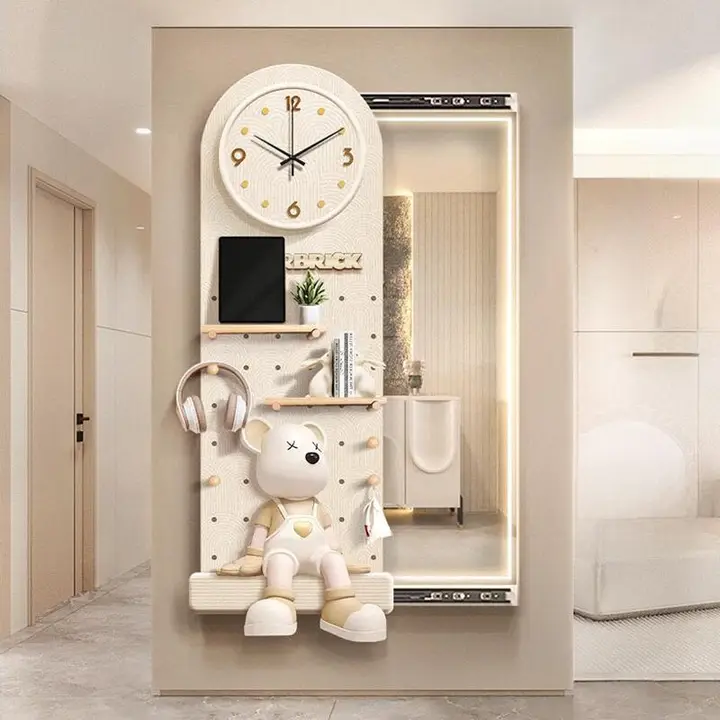 オイルクリーム風スライド全身鏡【時計付き・隠せるデザイン・壁面装飾用】