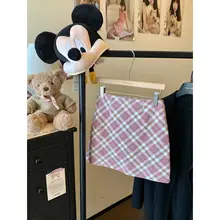 学院スタイル チェック柄ウールミニスカート【春用・ピンク・タイトAライン】