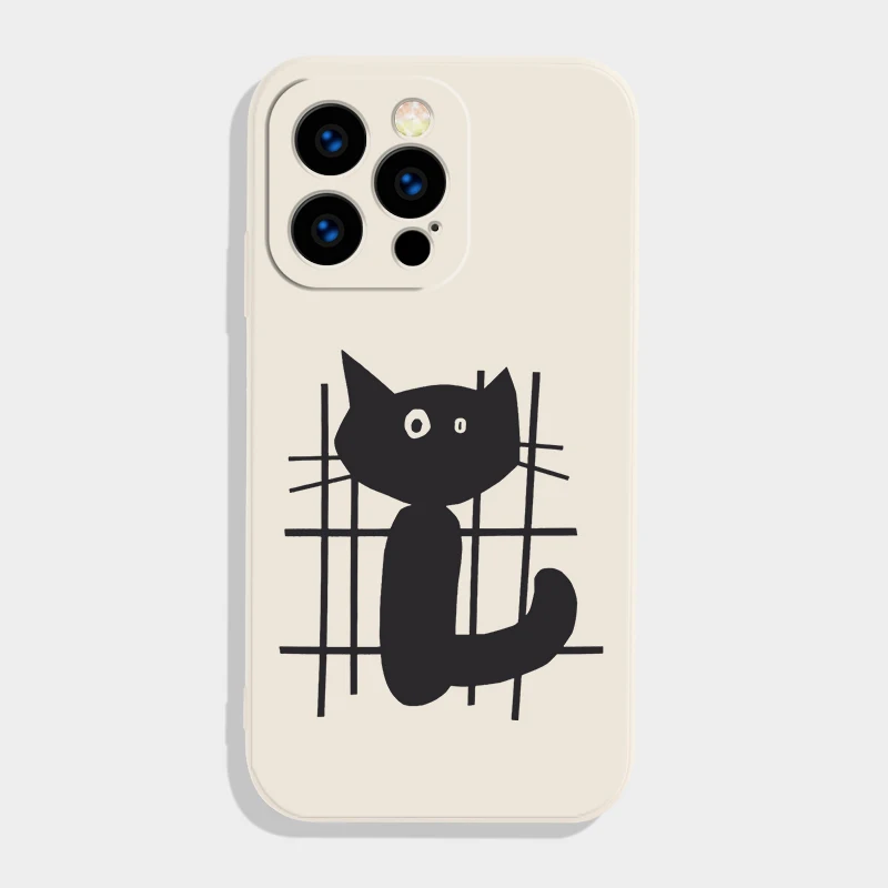 網目模様の黒い猫デザインのiPhone用マットスマホケース：一人暮らしのインスタ風ライフに最適な保護ケース
