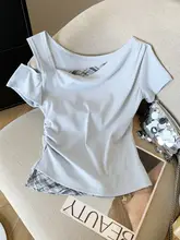 おしゃれデザインの個性的なショートスリーブTシャツ【夏用・オフショルダー・チェック柄・ギャザー加工】