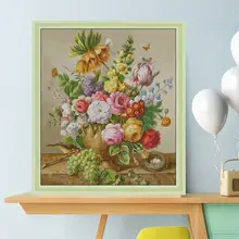 油絵静物 飾り花とバードネスト【新鮮なデザイン・クロスステッチ・リビング用】