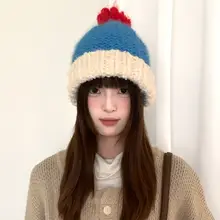 カラフルなポンポン付きニット帽【女性用・冬季・暖かい・耳を守る】