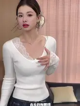 Vネックレース切替ニットトップス【白色・女性用・インナー対応・セクシー】