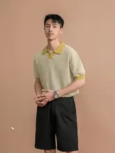 SHANGUFENG カラーブロックデザインのメンズニットポロシャツ【夏用・Vネック・短袖】