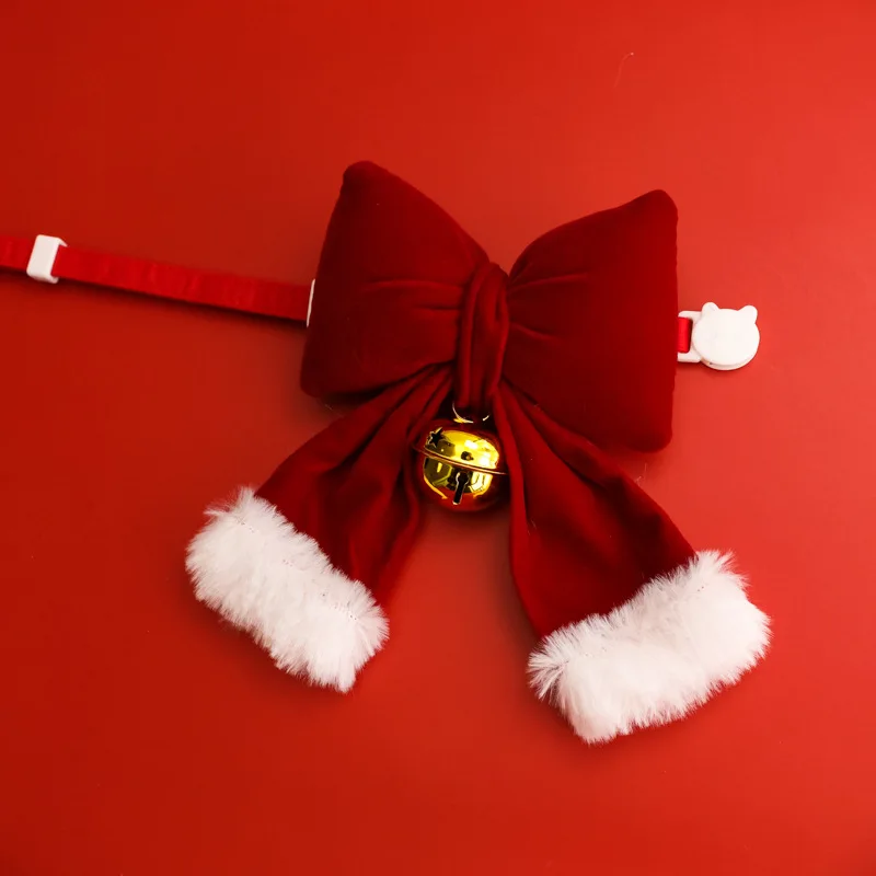 クリスマスプレゼントにぴったりなペット用カラフル首輪：酒紅色の立体リボンと鈴付きデザイン