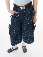 美式レトロドット柄ワイドレッグカジュアルパンツ【深いブルー・七分丈】