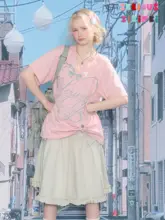 夏用Vネック字母プリントTシャツ【ピンク・ゆったりシルエット・短袖】