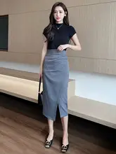 ミディスカート 女性 夏季 ハイウエスト スリット タイトスカート 通勤 中丈 ビジネス スタイル フランス風 プリーツ