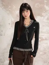 バイカラーVネック長袖Tシャツ【秋用・デザイン性・ゆったりフィット】（セットアップ対応）