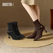尖頭フロッキー仕立ての細身体型ブーツ【冬用・レトロなマーチンブーツ・ハイヒール】
