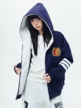 刺繍ワッペン付きジップアップカジュアルジャケット【秋用・ユニセックス・ルーズフィット】