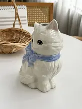 可愛い猫のデザインの陶器花瓶【リボン付き・手描き風】【インテリア装飾用】