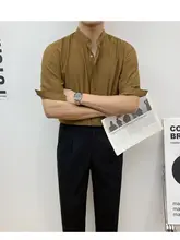 CHEN メンズ 夏用 半袖シャツ【薄手・スタンドカラー・コットンリネン・黒】