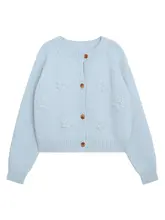 立体花モチーフのブルーセーターカーディガン【春用・着やすいニット】
