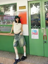 ヴィンテージ風 ウェストハイワイドレッグデニムショートパンツ【ルーズフィット・ストレート・五分丈】（セットアップ対応）