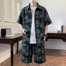 夏用花柄デザインの冰絲短袖シャツとカジュアルパンツ【軽量・スタイル】（セットアップ対応）