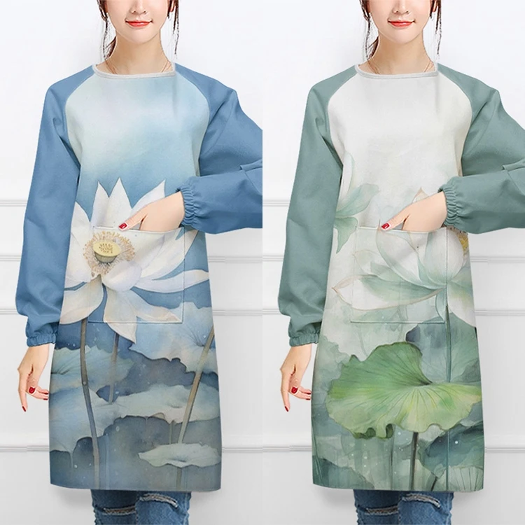 水彩荷花柄エプロン：長袖反対掛けでキッチン作業を快適に